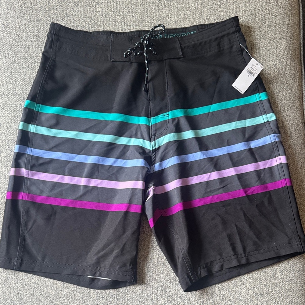 Old Navy California Black Swim Shorts with Multicolor Stripes. NWT